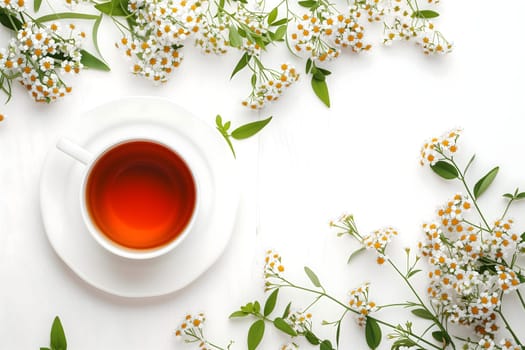 A cup of tea is on top a white table with blossoming floral branches. Neural network generated image. Not based on any actual scene or pattern.