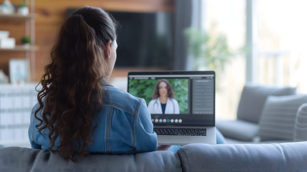 Telemedicine concept. Young lady consulting her doctor on laptop computer, using webcam from home. Neural network generated image. Not based on any actual person or scene.