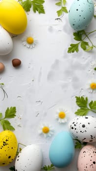 Easter eggs day background with copy space, high angle view. Neural network generated image. Not based on any actual scene or pattern.