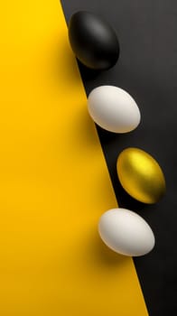 Golden, black, white Easter eggs on a yellow-black background. geometry. Minimal concept. View from above. Neural network generated image. Not based on any actual scene or pattern.