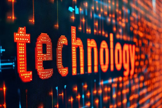 The word technology on technological background, closeup. Neural network generated image. Not based on any actual person or scene.