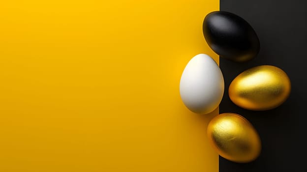 Golden, black, white Easter eggs on a yellow-black background. geometry. Minimal concept. View from above. Neural network generated image. Not based on any actual scene or pattern.