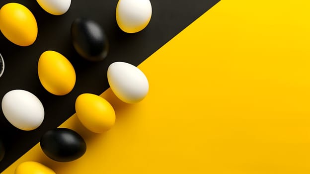 Golden, black, white Easter eggs on a yellow-black background. geometry. Minimal concept. View from above. Neural network generated image. Not based on any actual scene or pattern.