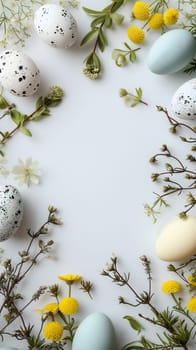 Easter eggs day background with copy space, high angle view. Neural network generated image. Not based on any actual scene or pattern.