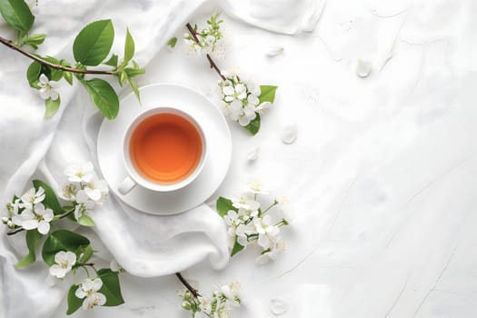 A cup of tea is on top a white table with blossoming floral branches. Neural network generated image. Not based on any actual scene or pattern.