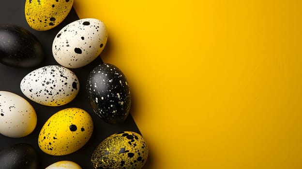 Golden, black, white Easter eggs on a yellow-black background. geometry. Minimal concept. View from above. Neural network generated image. Not based on any actual scene or pattern.