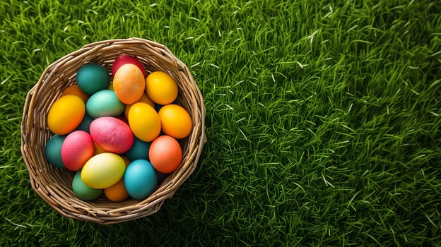 Easter basket with colorful eggs on a background of green grass meadow, high angle view. Neural network generated image. Not based on any actual scene or pattern.