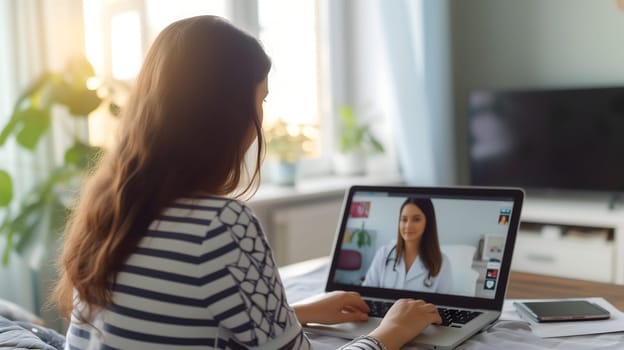 Telemedicine concept. Young lady consulting her doctor on laptop computer, using webcam from home. Neural network generated image. Not based on any actual person or scene.