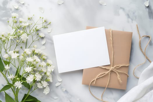 White greeting card with flowers mock up high angle view directly above decoration. Neural network generated image. Not based on any actual scene or pattern.