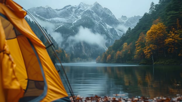 Close-up of a tent in the foreground and mountains with fog in the background with a lake or river in the foreground. Neural network generated image. Not based on any actual scene or pattern.