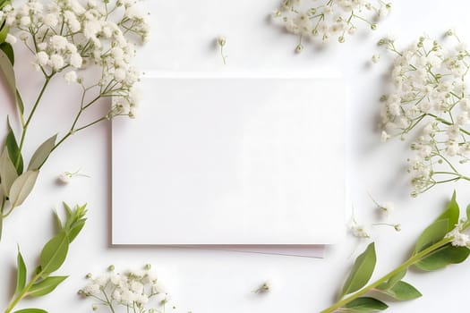 White greeting card with flowers mock up high angle view directly above decoration. Neural network generated image. Not based on any actual scene or pattern.