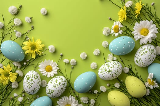 Easter eggs day background with copy space, high angle view. Neural network generated image. Not based on any actual scene or pattern.