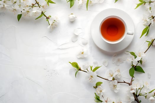 A cup of tea is on top a white table with blossoming floral branches. Neural network generated image. Not based on any actual scene or pattern.