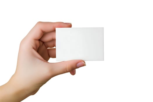 Woman Hand holding blank business card on white background. Neural network generated image. Not based on any actual scene or pattern.