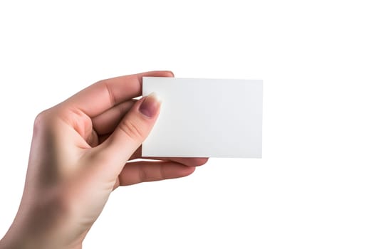 Woman Hand holding blank business card on white background. Neural network generated image. Not based on any actual scene or pattern.