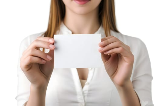 Long-haired young adult Caucasian woman Hand holding blank business card on white background. Neural network generated image. Not based on any actual scene or pattern.