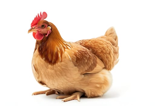 Chicken hen sitting on white background. Neural network generated image. Not based on any actual scene or pattern.