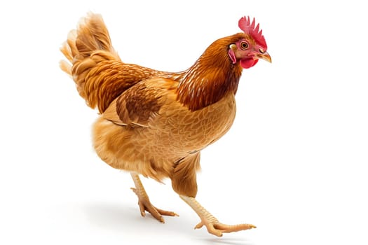 Chicken hen on white background. Neural network generated image. Not based on any actual scene or pattern.