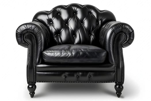 Black leather retro Victorian style armchair on white background. Digitally generated image. Not based on any actual person, scene or pattern.