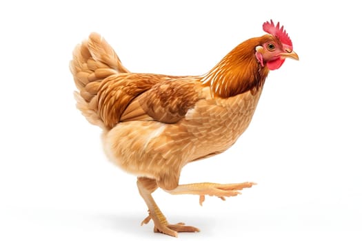 Running chicken hen on white background. Neural network generated image. Not based on any actual scene or pattern.
