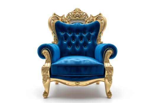 Blue velvet capitonner technique armchair on white background. Digitally generated image. Not based on any actual person, scene or pattern.
