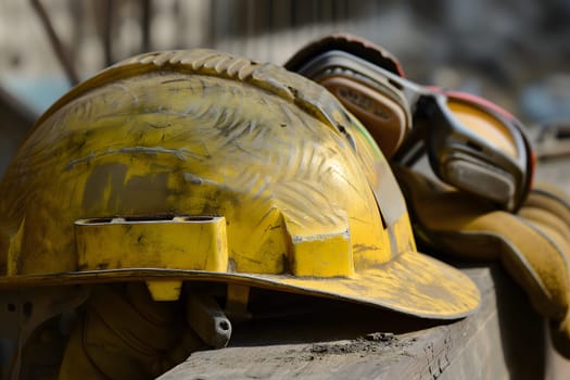 Old yellow hard hat at construction site. Neural network generated image. Not based on any actual scene or pattern.