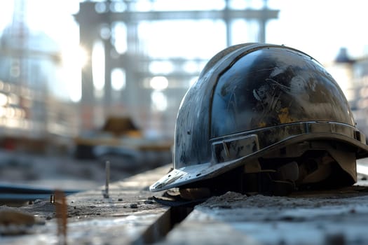Old yellow hard hat at construction site. Neural network generated image. Not based on any actual scene or pattern.