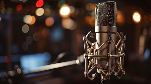 A condenser studio microphone with a shock mount in a music studio, representing the musical concept with asymmetrical composition and copy space. Neural network generated image. Not based on any actual scene or pattern.