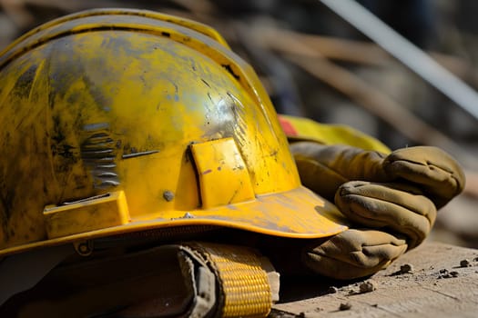 Old yellow hard hat at construction site. Neural network generated image. Not based on any actual scene or pattern.