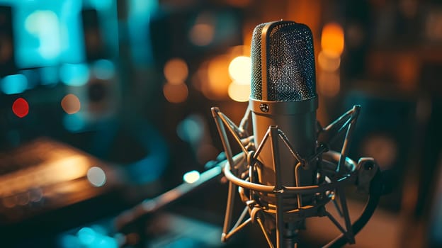 A condenser studio microphone with a shock mount in a music studio, representing the musical concept with asymmetrical composition and copy space. Neural network generated image. Not based on any actual scene or pattern.