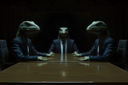 Three reptile men in business suits sitting at the table in dark room, secret world government concept. Neural network generated image. Not based on any actual scene or pattern.