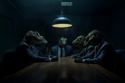 Reptile men in business suits sitting at the table in dark room, secret world government concept. Neural network generated image. Not based on any actual scene or pattern.