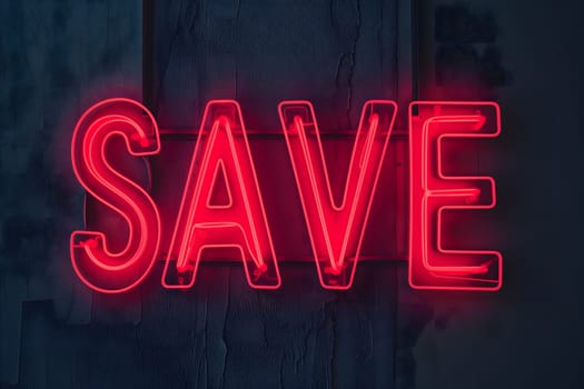 Neon word save on dark shabby wall. Neural network generated image. Not based on any actual scene or pattern.