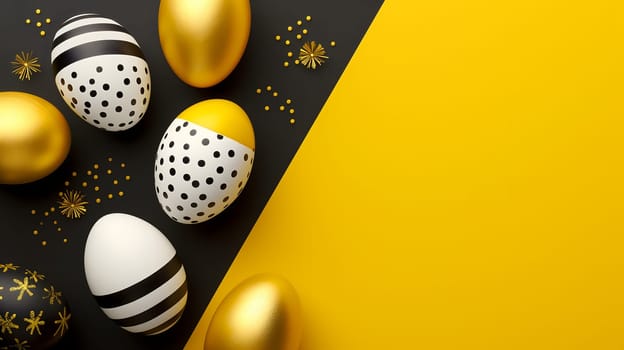 Golden, black, white Easter eggs on a yellow-black background. geometry. Minimal concept. View from above. Neural network generated image. Not based on any actual scene or pattern.