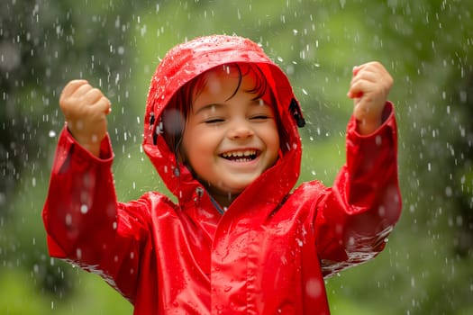 Happy child in red raincoat enjoying rain. Neural network generated image. Not based on any actual person or scene.