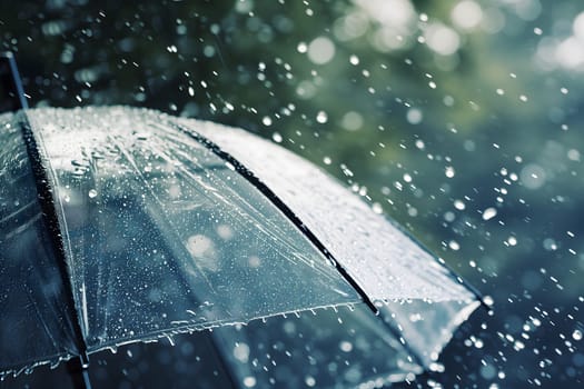 Close up, transparent umbrella under rainfall against a background of water droplets splashing. Concept of rainy weather. Neural network generated image. Not based on any actual scene or pattern.