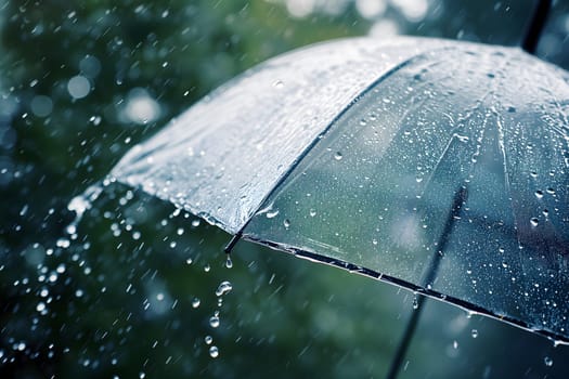 Close up, transparent umbrella under rainfall against a background of water droplets splashing. Concept of rainy weather. Neural network generated image. Not based on any actual scene or pattern.