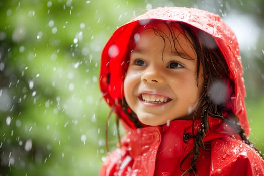 Happy child in red raincoat enjoying rain. Neural network generated image. Not based on any actual person or scene.
