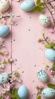 Easter eggs day background with copy space, high angle view. Neural network generated image. Not based on any actual scene or pattern.