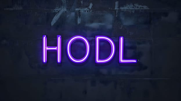Neon inscription HODL on dark shabby wall. Neural network generated image. Not based on any actual scene or pattern.