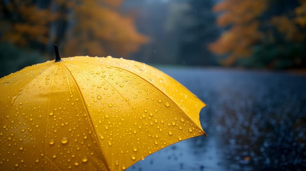 Close up, yellow umbrella under rainfall against a background of autumn leaves. Concept of rainy weather. Neural network generated image. Not based on any actual scene or pattern.