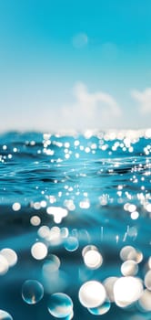 Sunny day bokeh on water: Blue sky over a turquoise body of water, with the light reflecting and creating a bokeh effect. Neural network generated image. Not based on any actual scene or pattern.