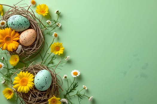 Easter eggs day background with copy space, high angle view. Neural network generated image. Not based on any actual scene or pattern.