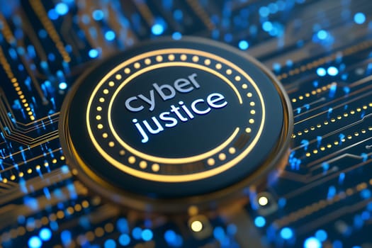 Words cyber justice for cyber law concept. Neural network generated image. Not based on any actual scene or pattern.