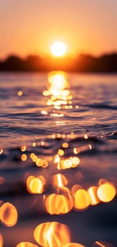 Sunset bokeh on water: golden sky over a body of water, with the light reflecting and creating a bokeh effect.. Neural network generated image. Not based on any actual scene or pattern.
