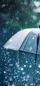 Close up, transparent umbrella under rainfall against a background of water droplets splashing. Concept of rainy weather. Neural network generated image. Not based on any actual scene or pattern.