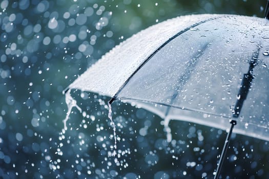 Close up, transparent umbrella under rainfall against a background of water droplets splashing. Concept of rainy weather. Neural network generated image. Not based on any actual scene or pattern.