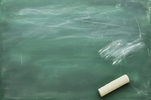 First-class, An empty green chalkboard with an eraser and white chalk, ready for Teacher's Day. Neural network generated image. Not based on any actual scene or pattern.