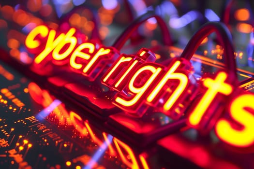 Words cyber rights for cyber law concept. Neural network generated image. Not based on any actual scene or pattern.