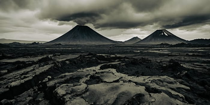 The aftermath of a volcanic eruption with layers of ash covering the surrounding landscape, creating an eerie and monochromatic scene that portrays the devastation caused by the event. Panorama